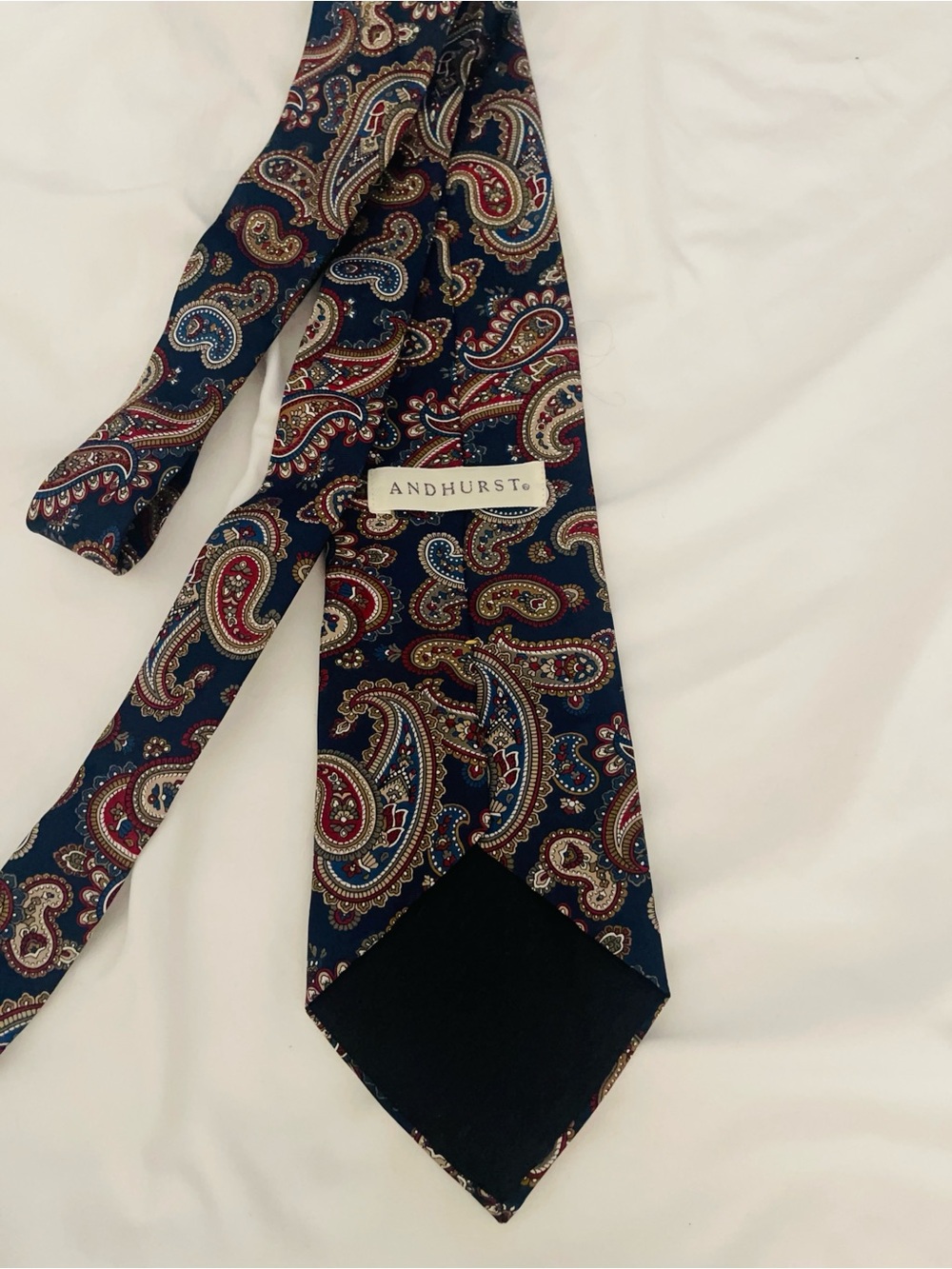 A N D HURST Navy Paisley Silk Tie with Red and Gold Detail